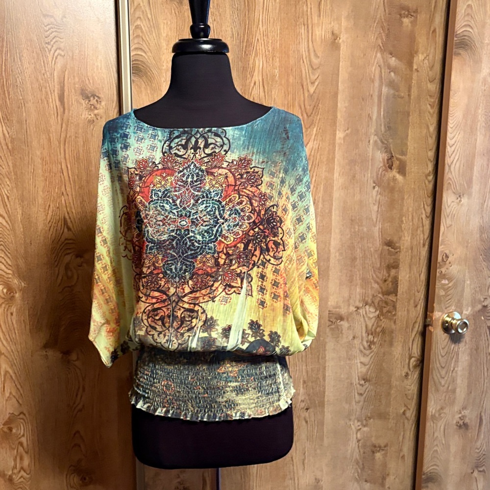 Boho Print Batwing Blouse in Teal and Mustard
